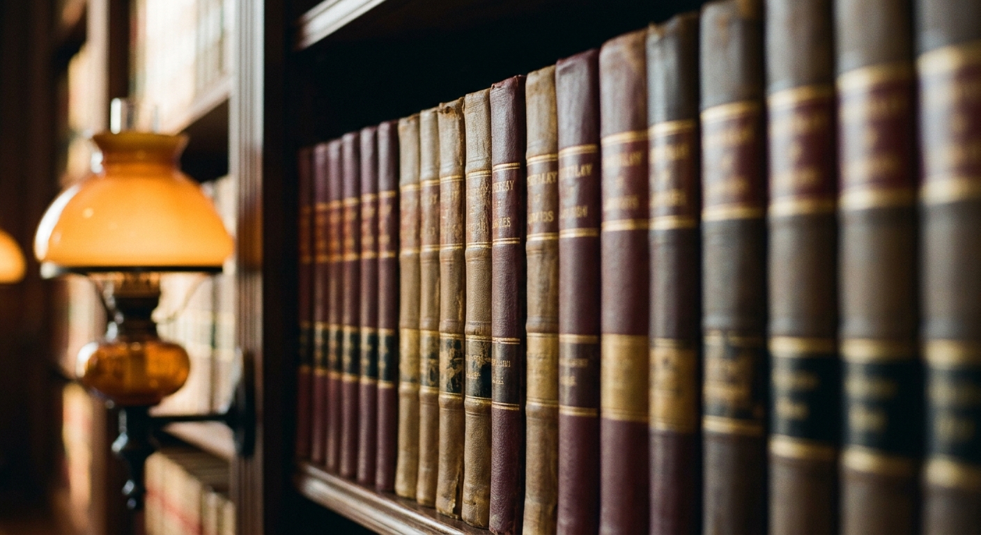 Leather-bound law books and case reporters on a shelf