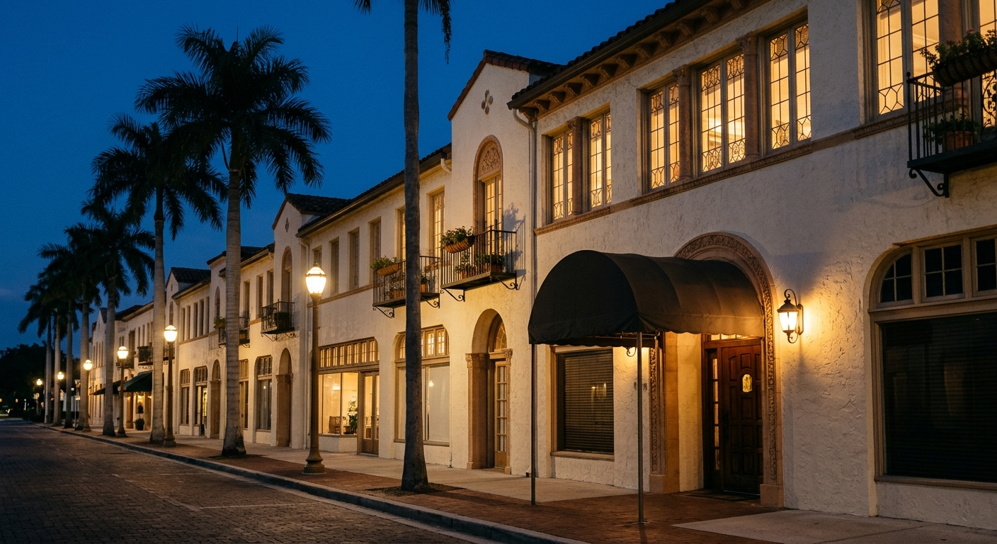 A row of historic downtown buildings at blue hour with lit upstairs windows