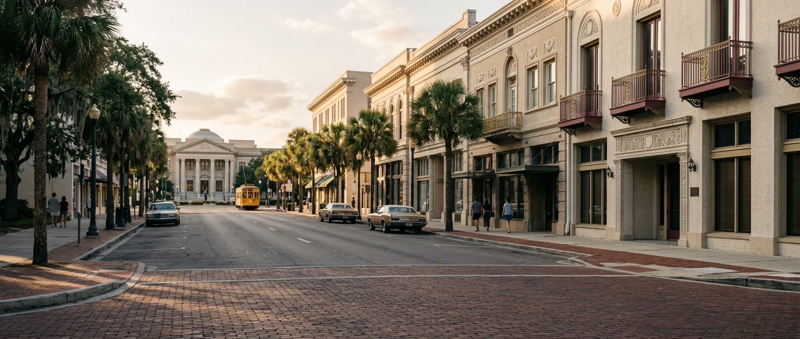 A palm-lined historic downtown block in late-afternoon light
