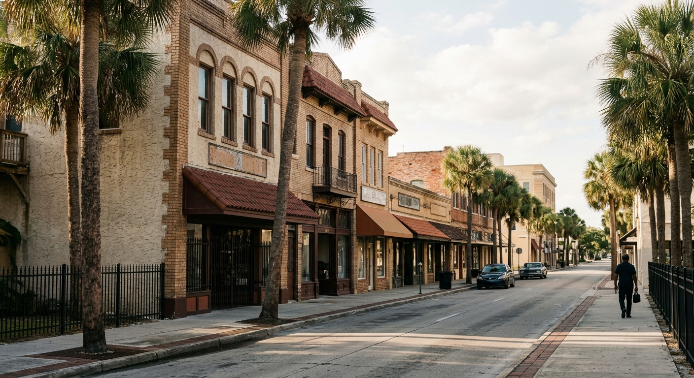 A palm-lined sidewalk of brick storefronts in downtown St. Petersburg