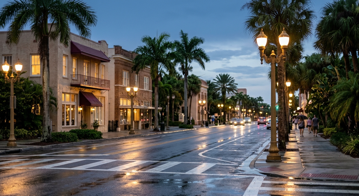 A palm-lined downtown street after rain at dusk