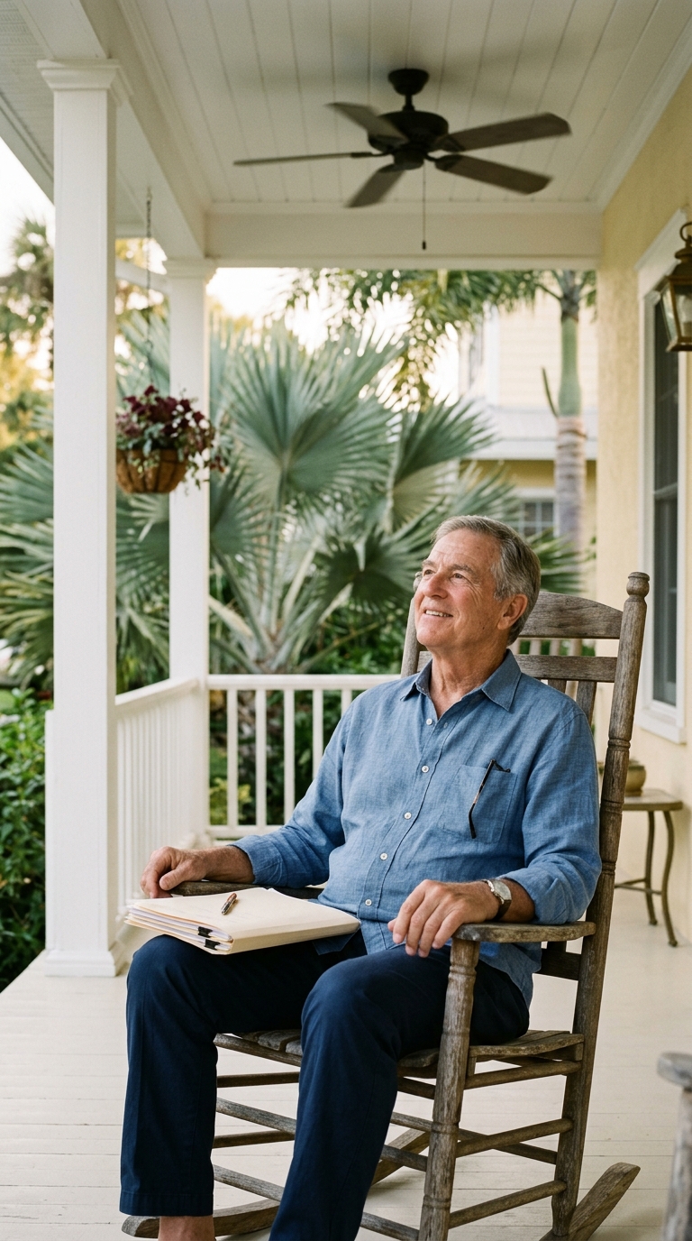 A man on a bungalow porch with a folder of papers