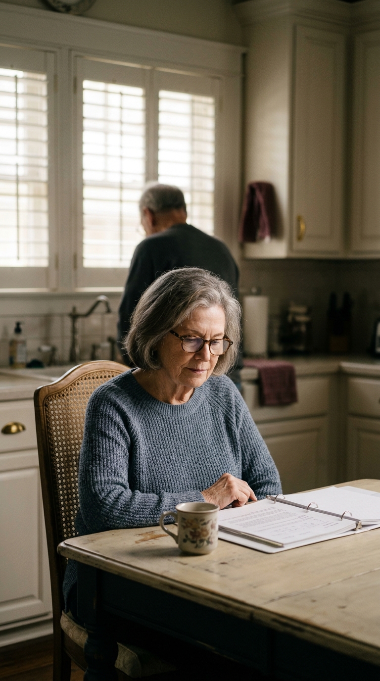 A woman reviewing estate documents at her kitchen table