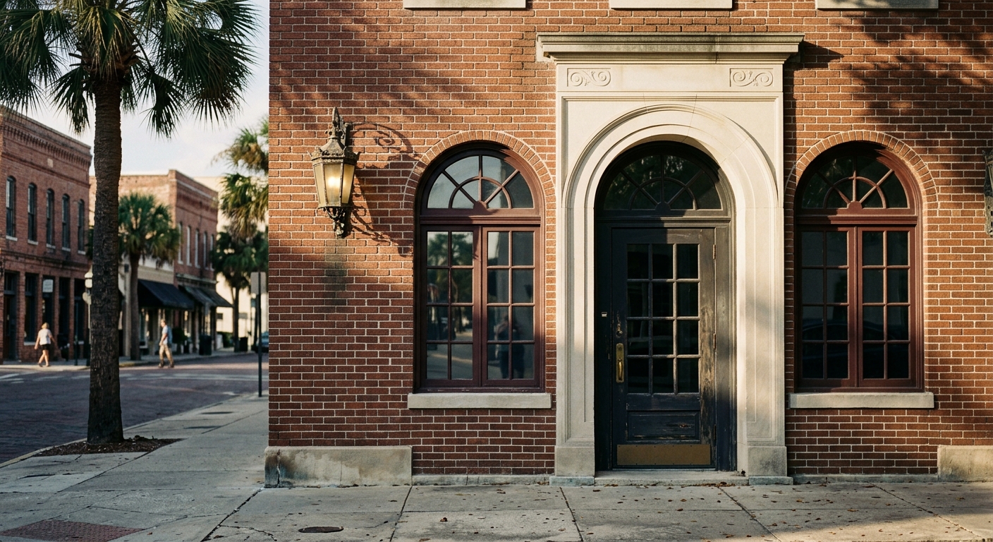 A brick facade with a carved limestone doorway in a downtown Florida historic district