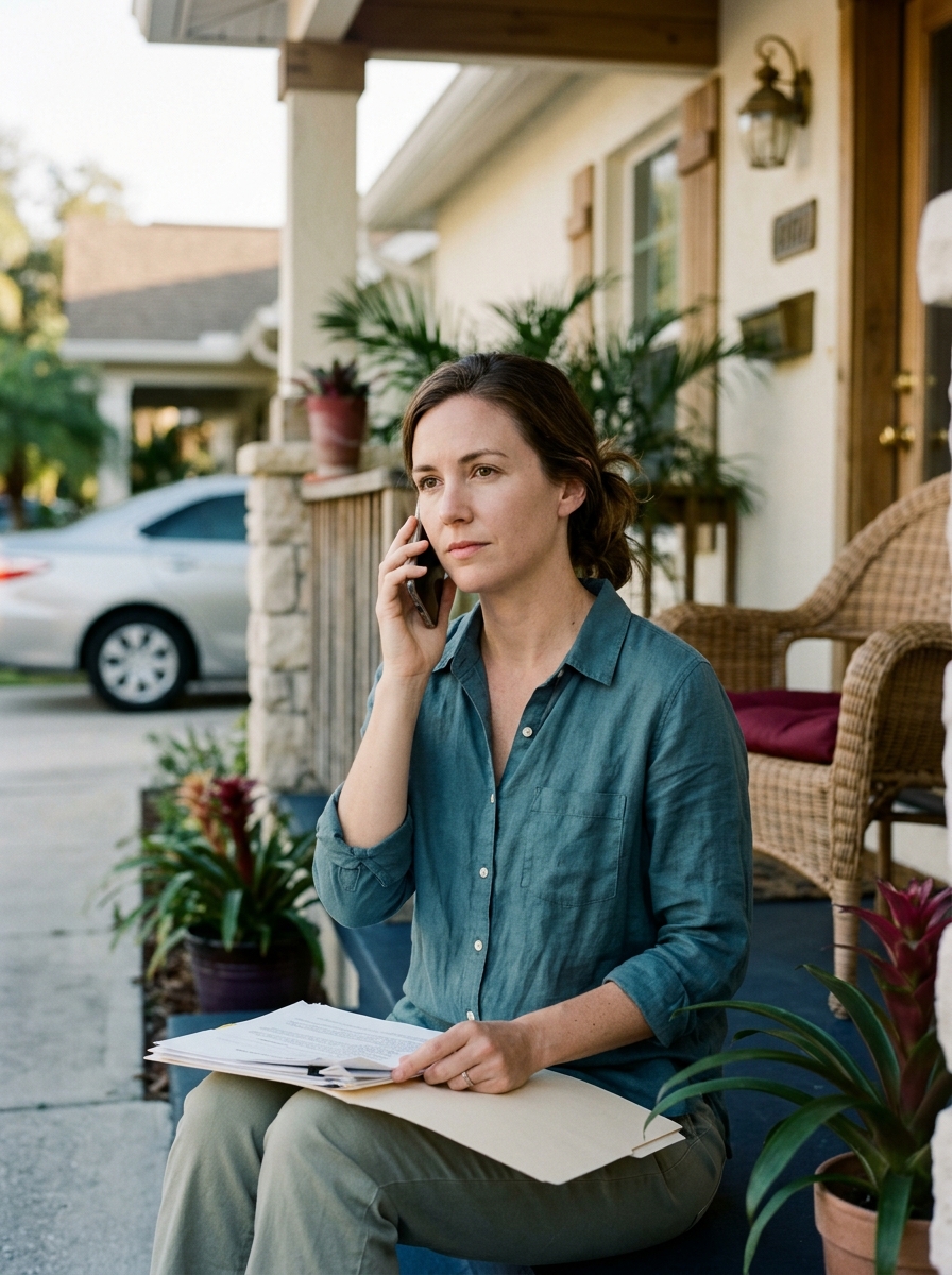 A woman making a phone call on her front steps, holding a folder