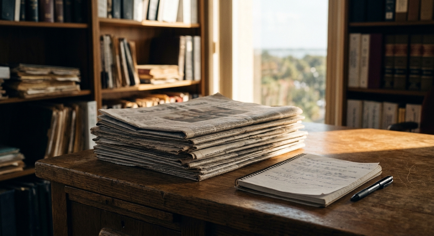 A stack of folded newspapers on an oak desk
