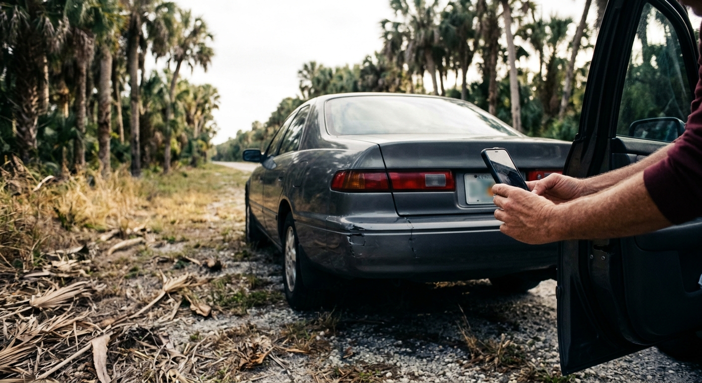 A driver photographing minor damage to a car on a roadside shoulder