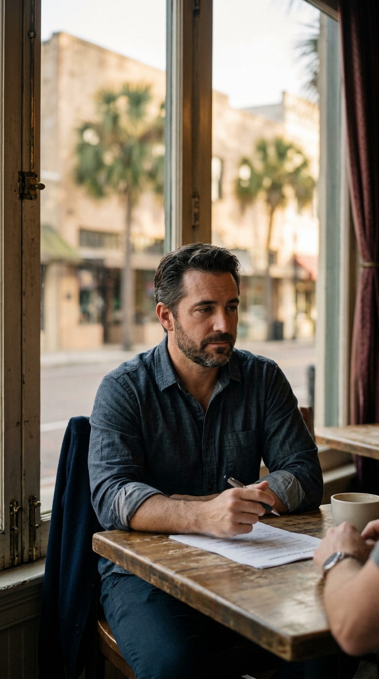 A business owner reviewing a draft agreement at a cafe table