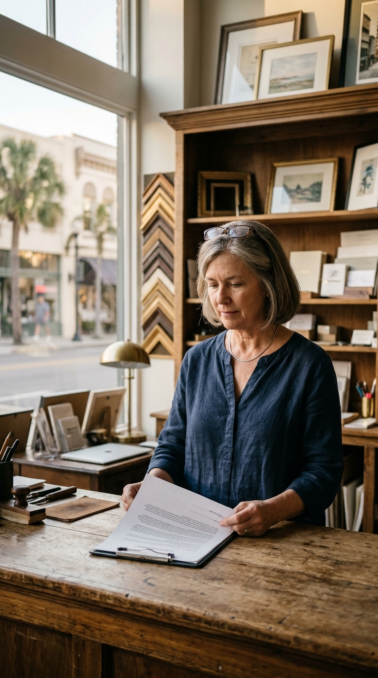 A shop owner reviewing a contract at her counter after closing
