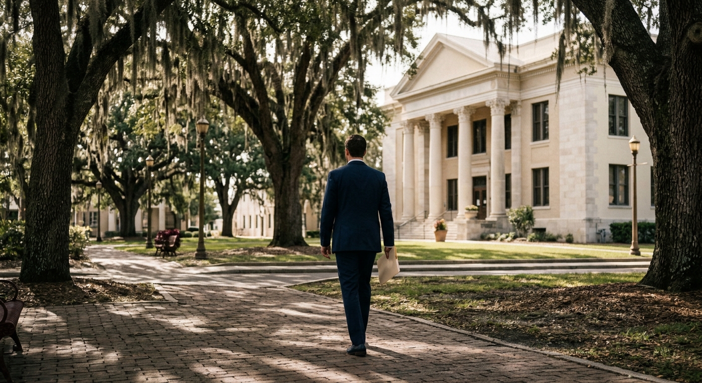 A shaded brick sidewalk near a columned civic building, a man in a suit walking away with a file