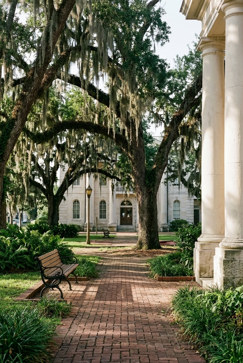 A courthouse square under live oaks and Spanish moss