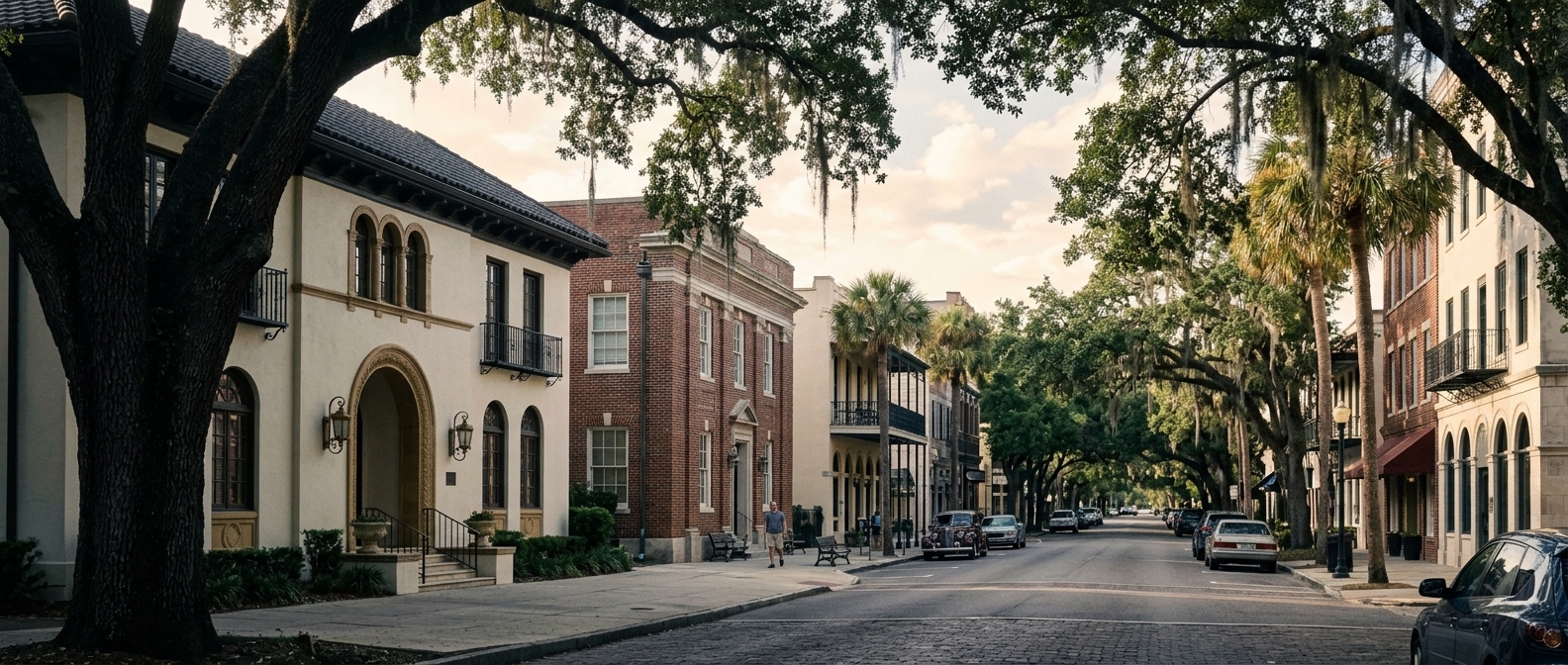 A quiet tree-lined street of historic office buildings at midday