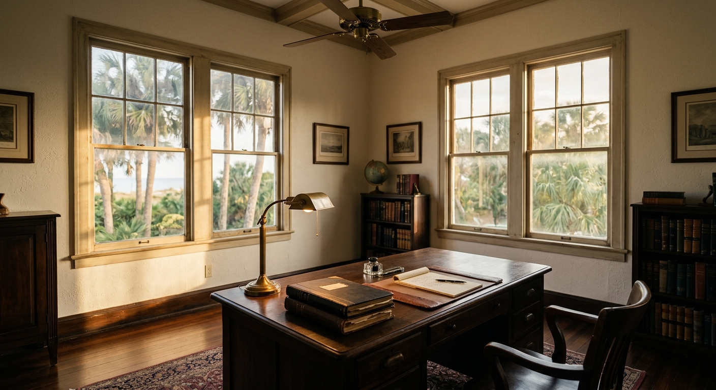 A sunlit historic office with a partners' desk and case files
