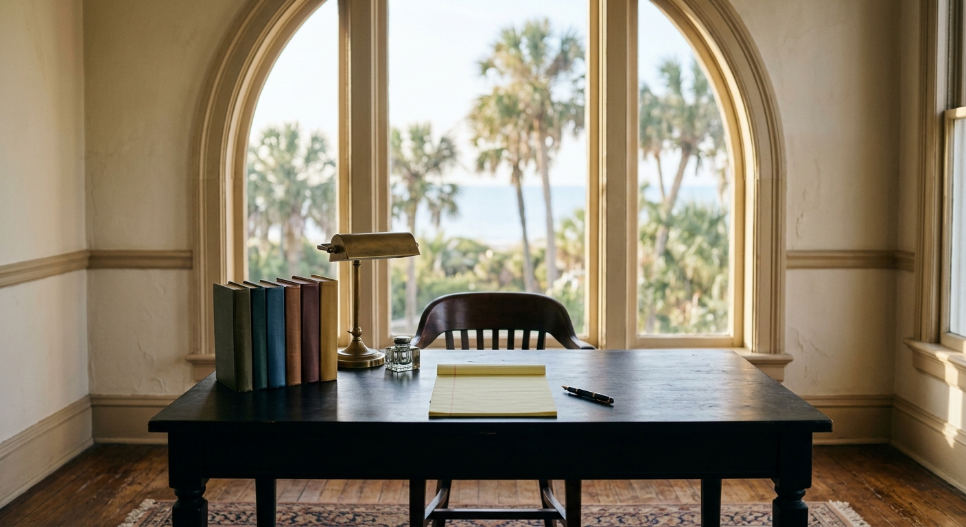 Morning light through an arched window across a reading table