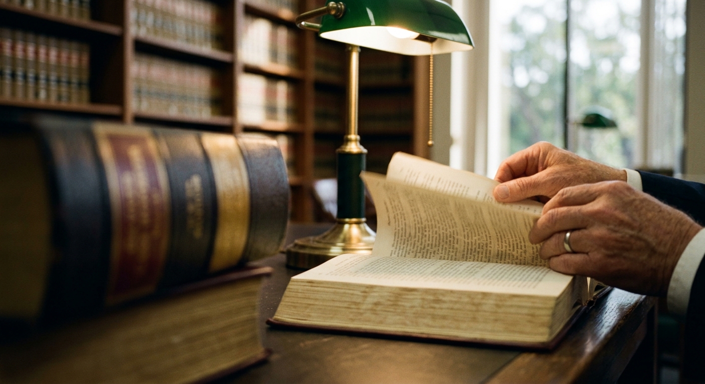 Hands turning the pages of a bound volume of case reporters