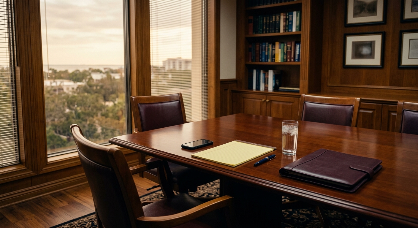A conference table set with a legal pad, a pen and a phone