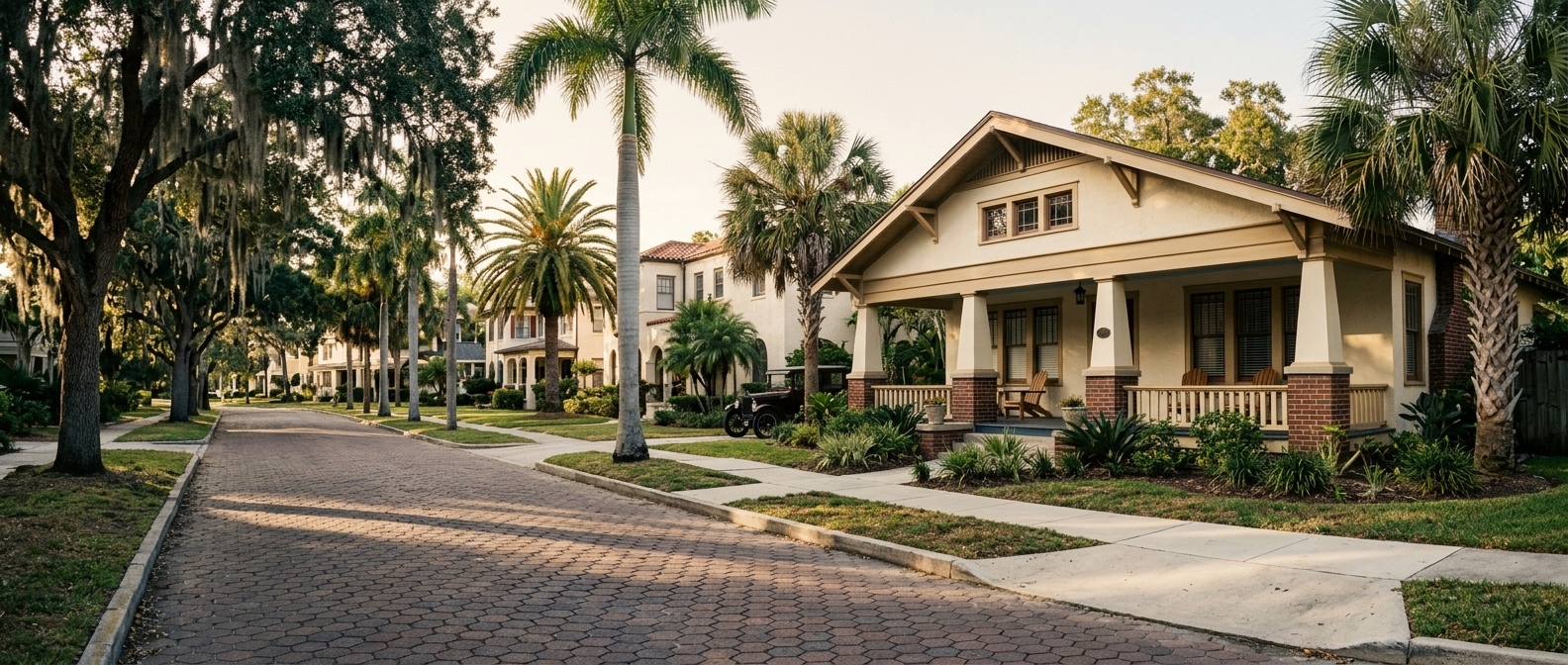 A 1920s Florida bungalow with a deep front porch and palms