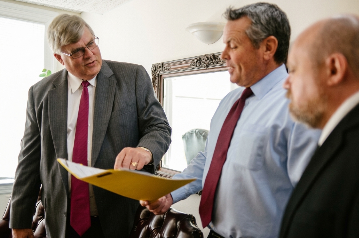 George K. Rahdert (1950–2025) and Steve Mortimer reviewing a yellow file by the window