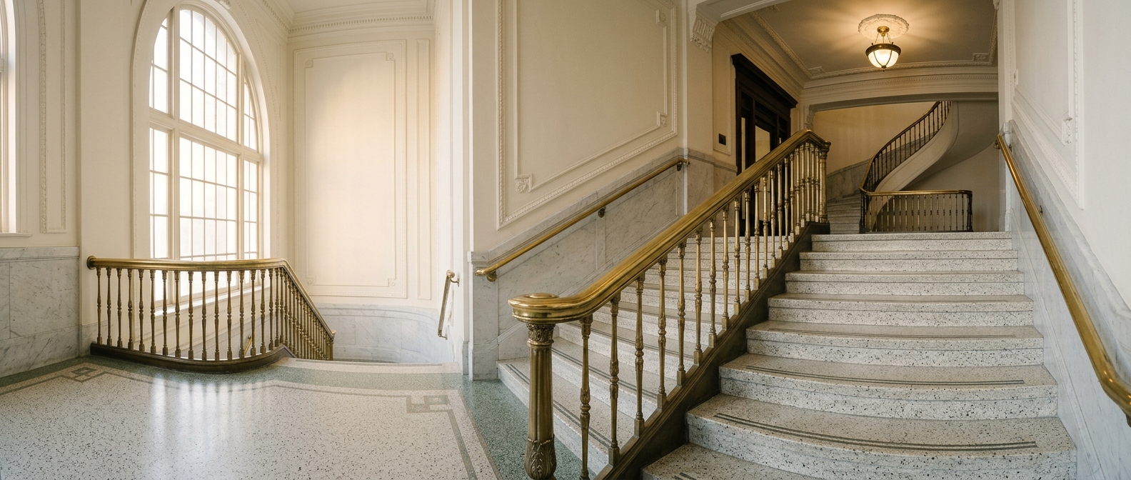 A terrazzo stair with a brass handrail in a restored lobby