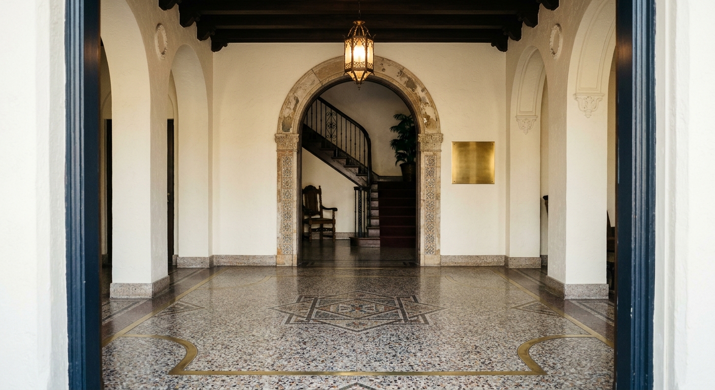 A restored 1920s lobby with a terrazzo floor and an arched doorway
