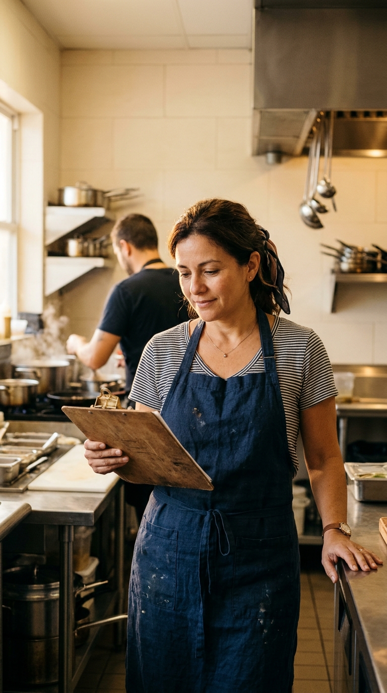 A restaurant owner reading a staff schedule in her kitchen