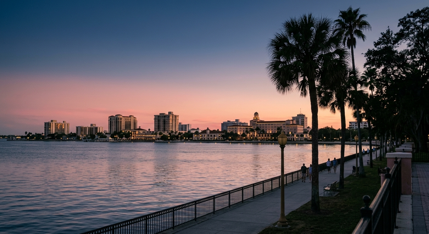 Tampa Bay at dusk with a low skyline across the water