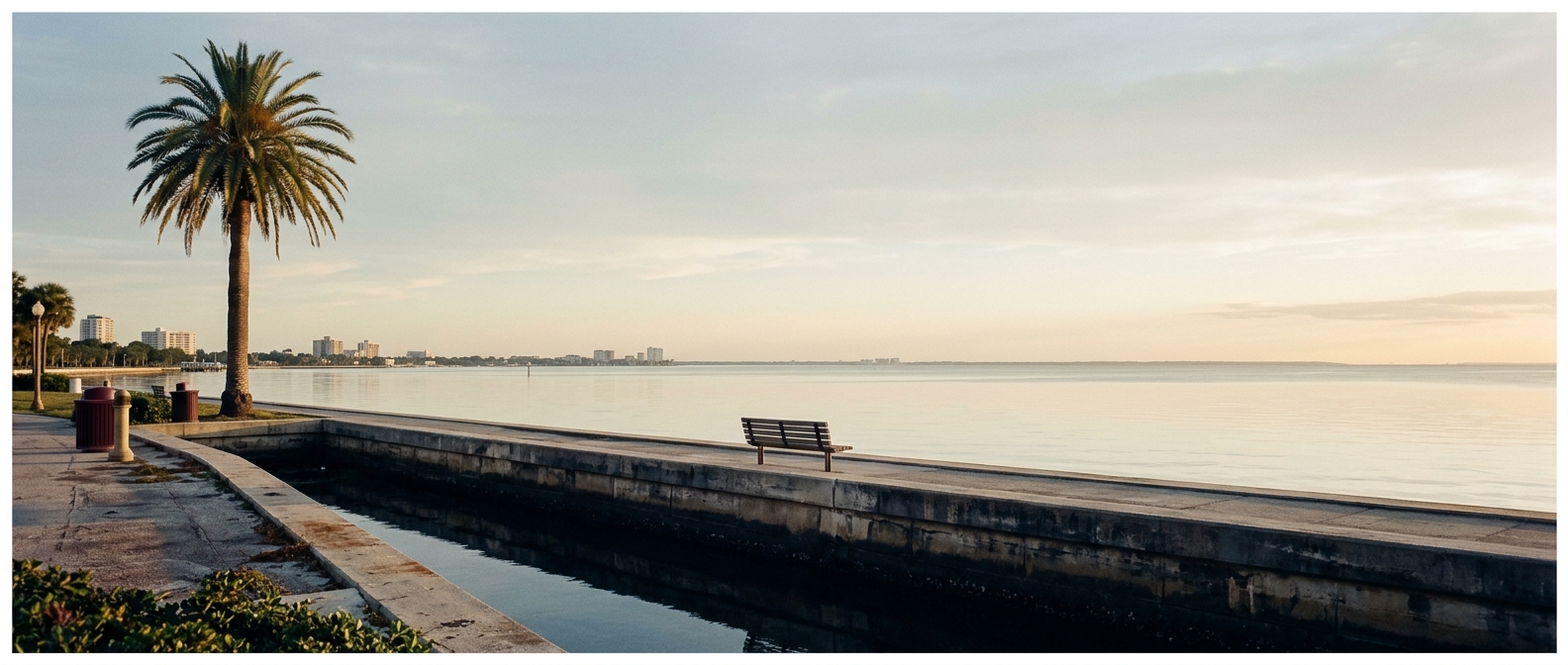 Tampa Bay at first light from a quiet seawall