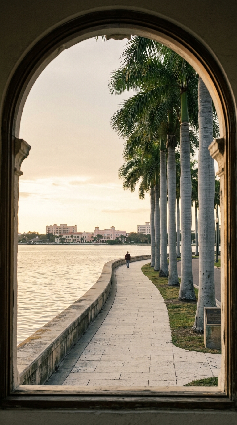 Royal palms along a bay-front path in late afternoon
