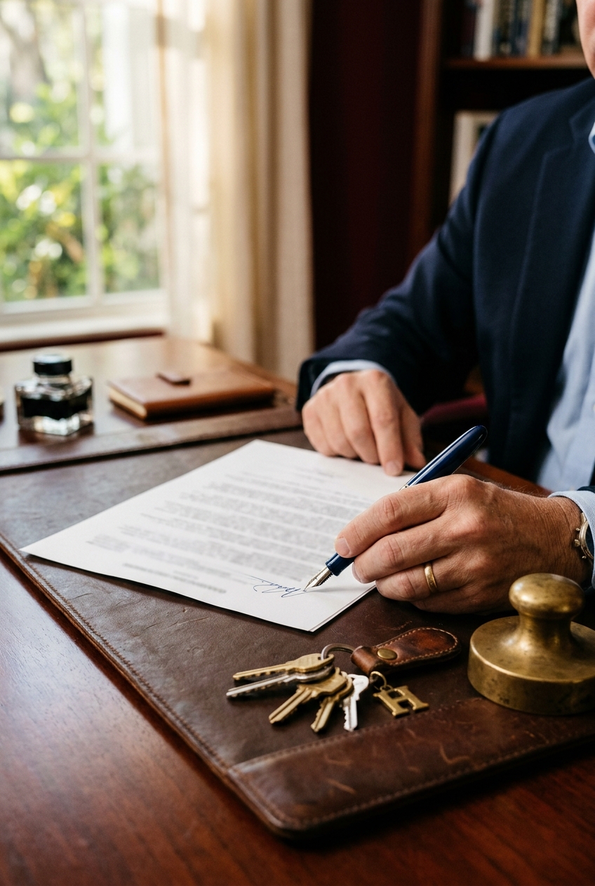 Hands signing a closing document with a fountain pen