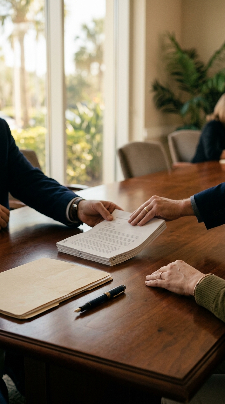 A stapled agreement slid across a wood conference table