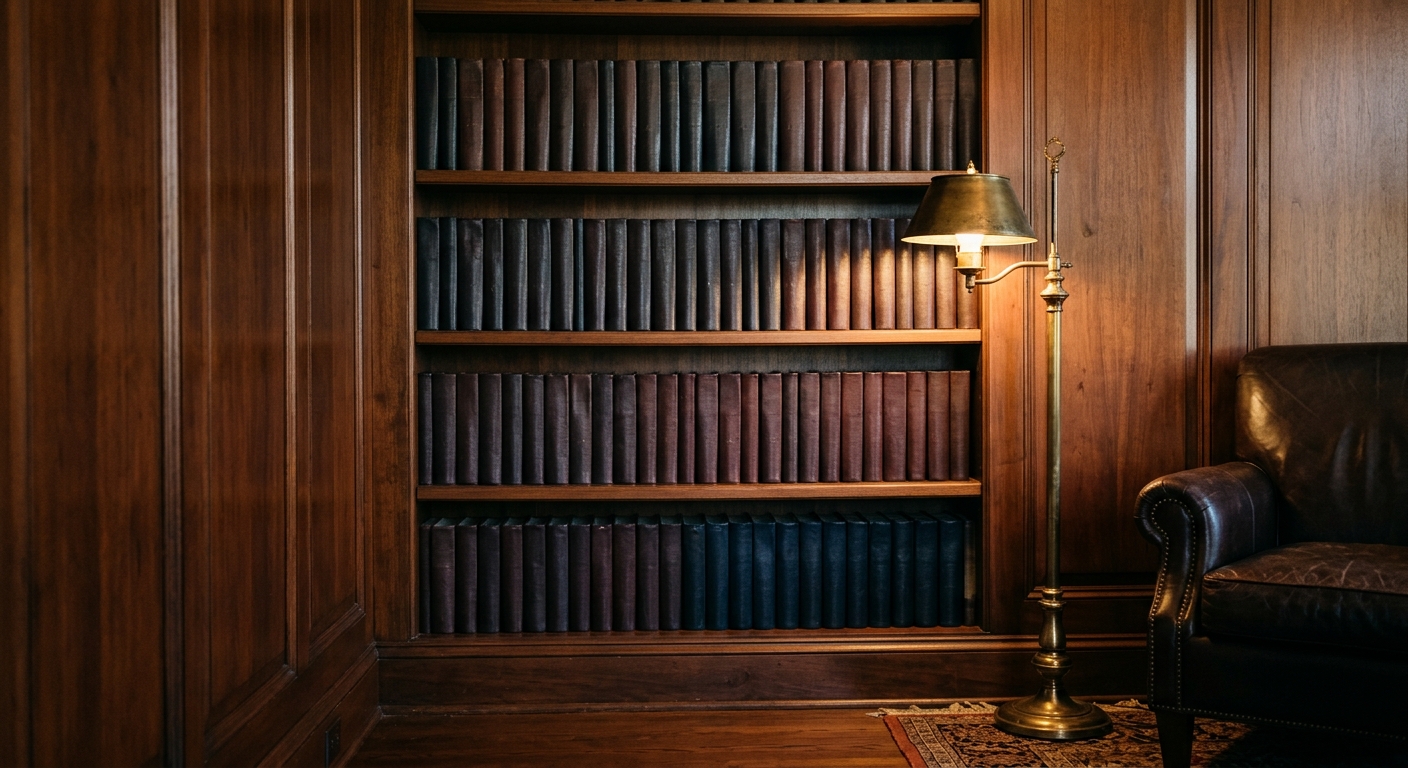 A bookshelf of bound legal volumes under a brass lamp