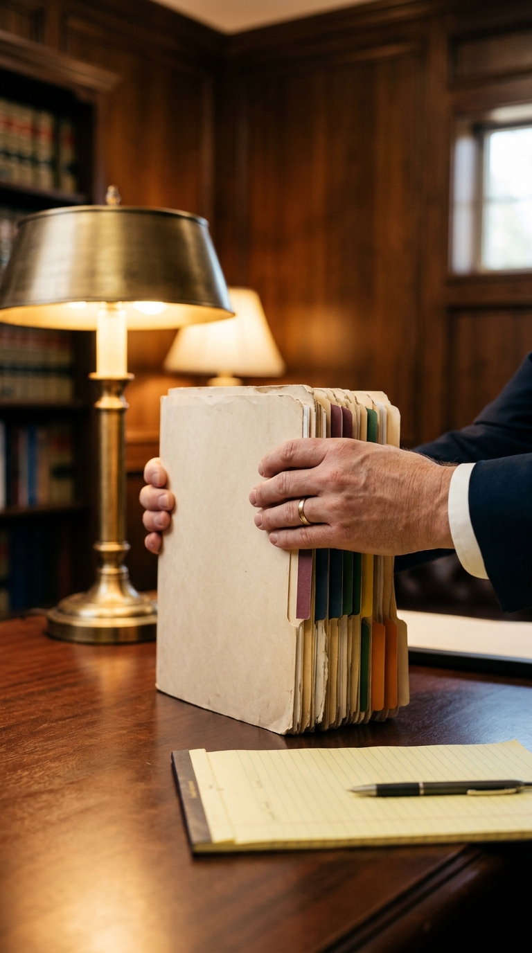 Hands squaring a stack of case files under a desk lamp