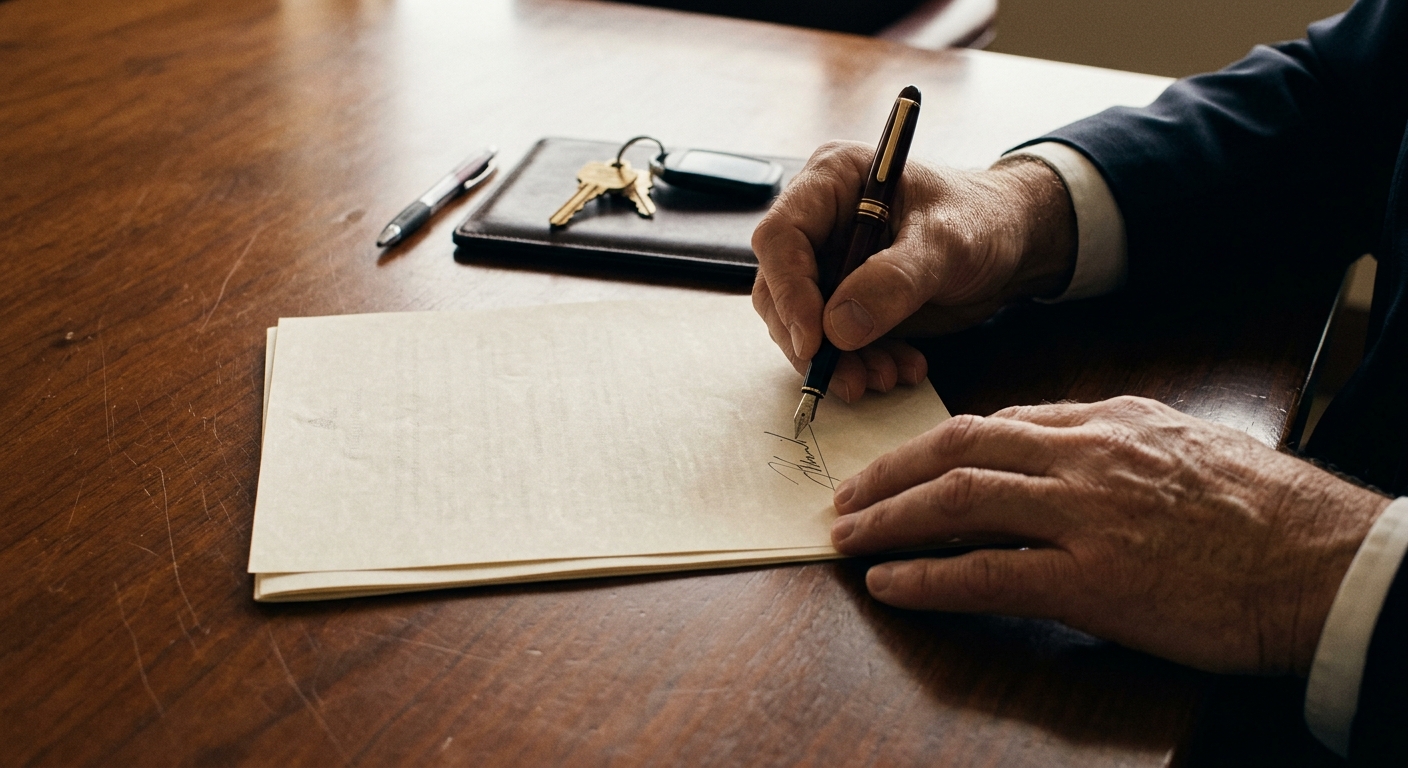 Hands signing a closing document beside a set of keys