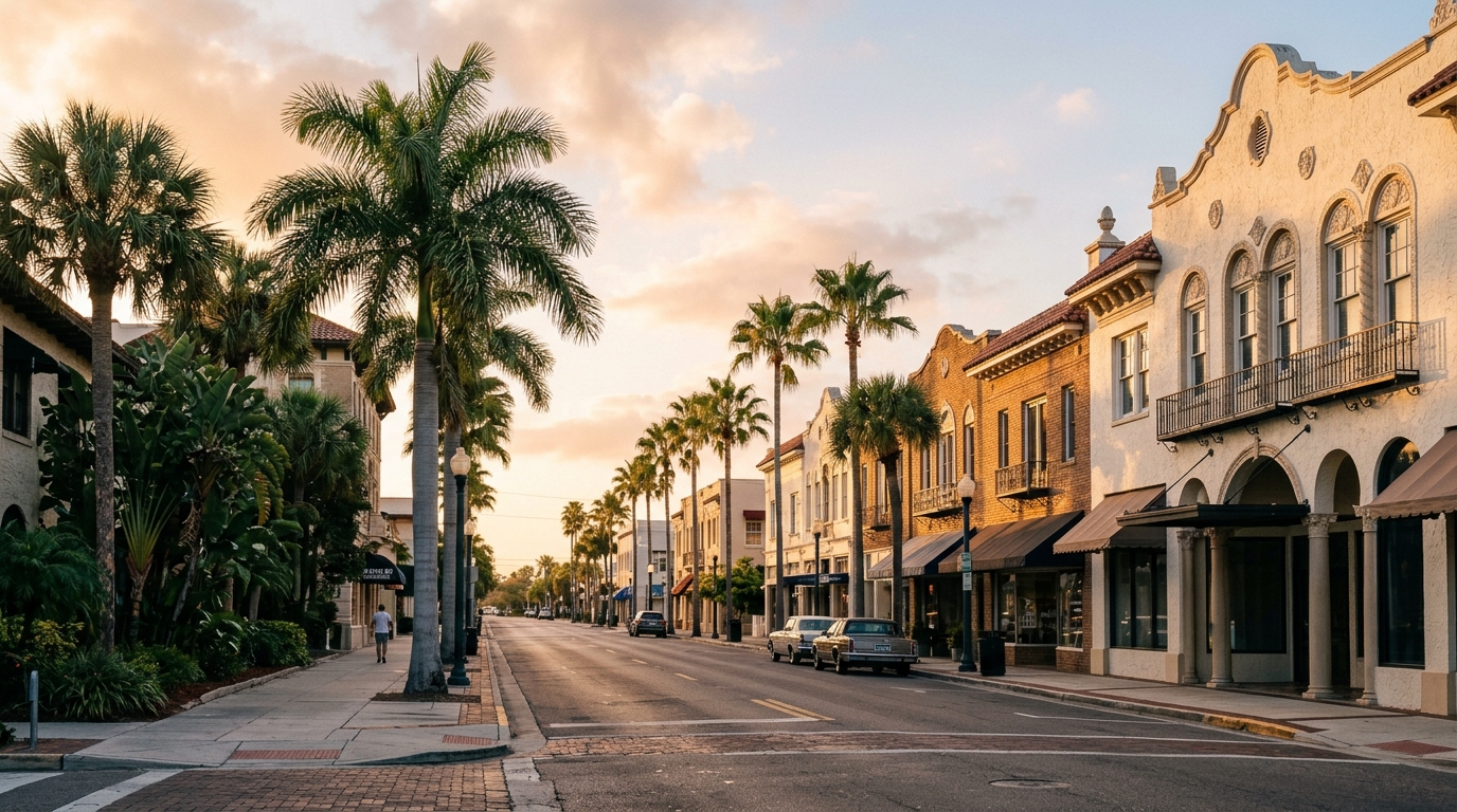 A historic downtown avenue of Revival buildings and royal palms at golden hour